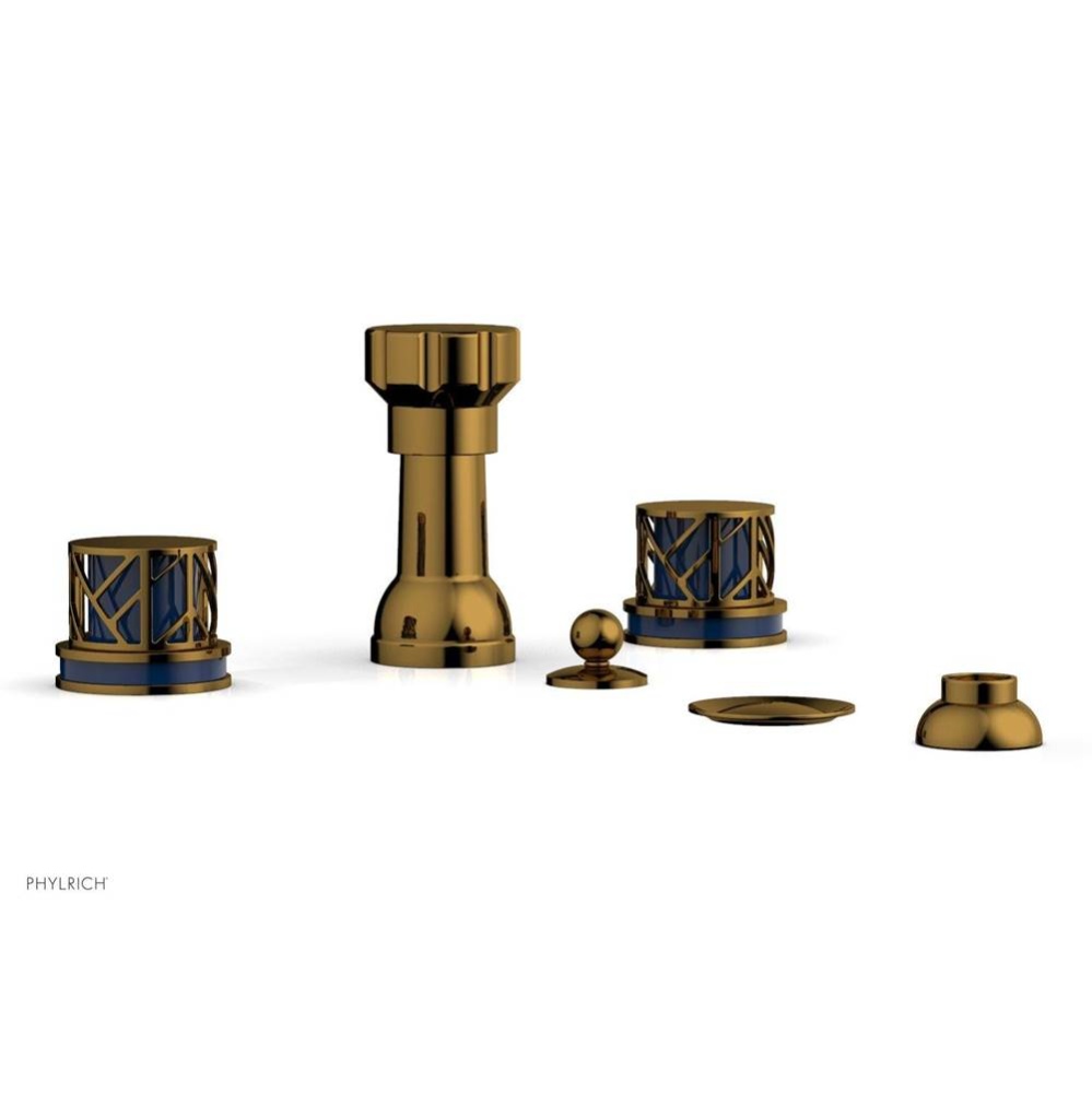 French Brass (Living Finish) Jolie Four Hole Bidet Set With Spout, Round Cutaway Handles, And Navy
