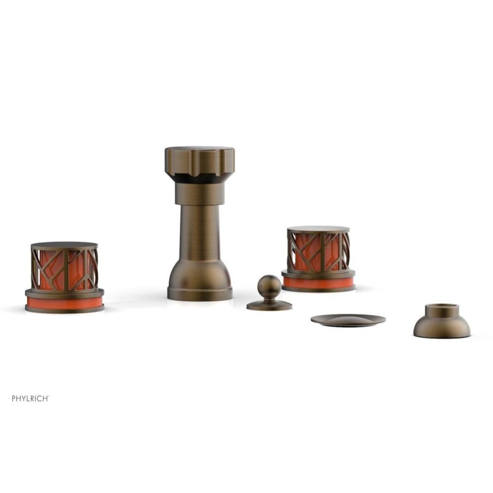 Old English Brass Jolie Four Hole Bidet Set With Spout, Round Cutaway Handles, And Orange Accents