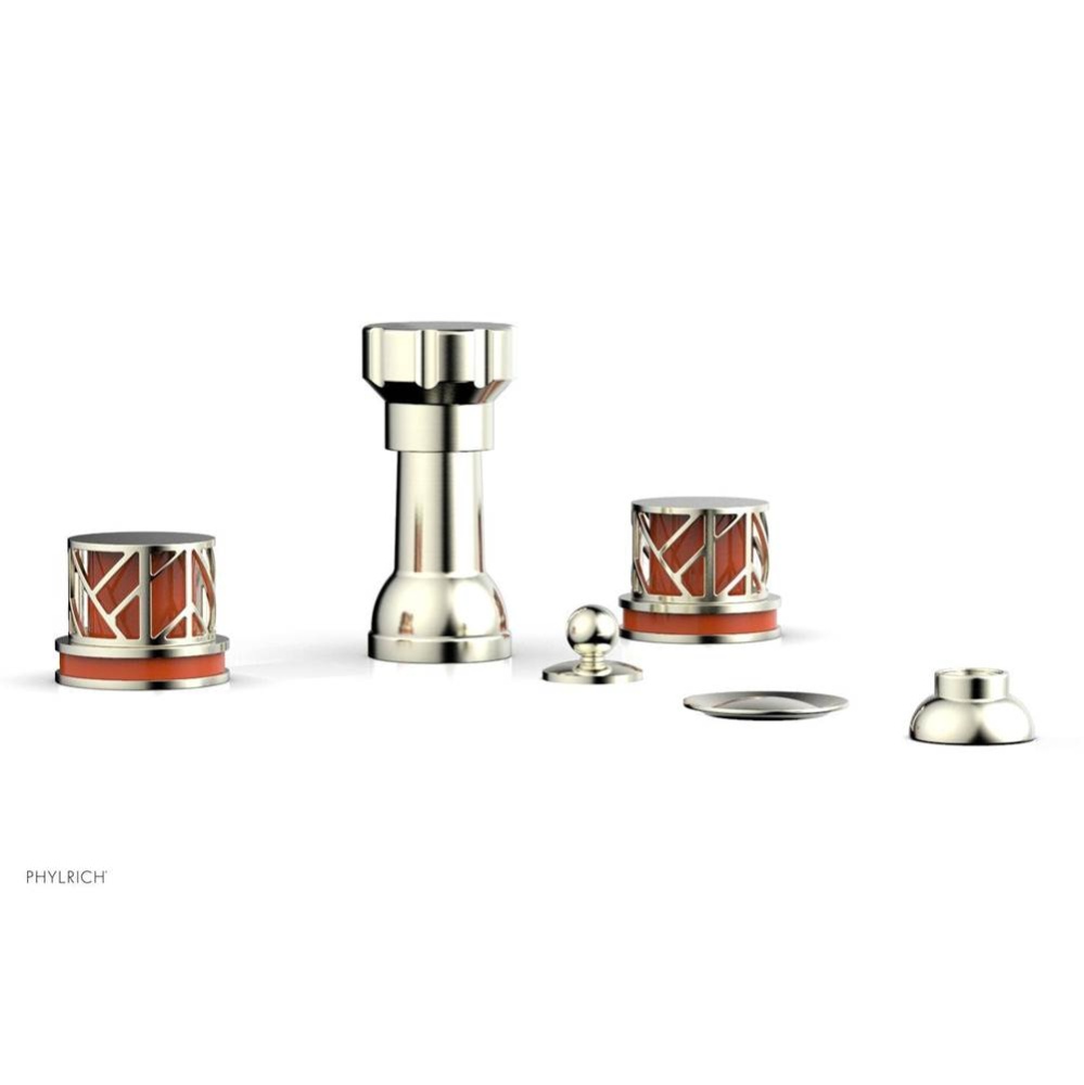 Satin Nickel Jolie Four Hole Bidet Set With Spout, Round Cutaway Handles, And Orange Accents