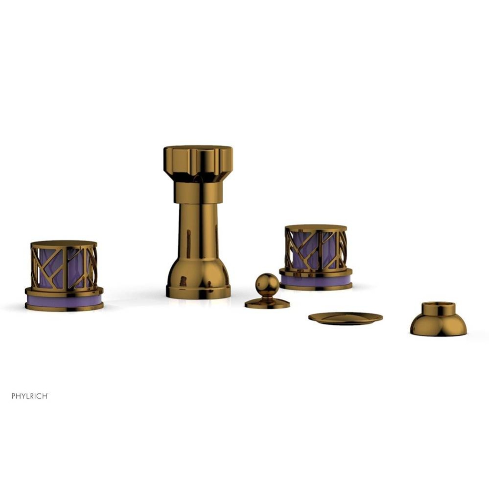 French Brass (Living Finish) Jolie Four Hole Bidet Set With Spout, Round Cutaway Handles, And Purp