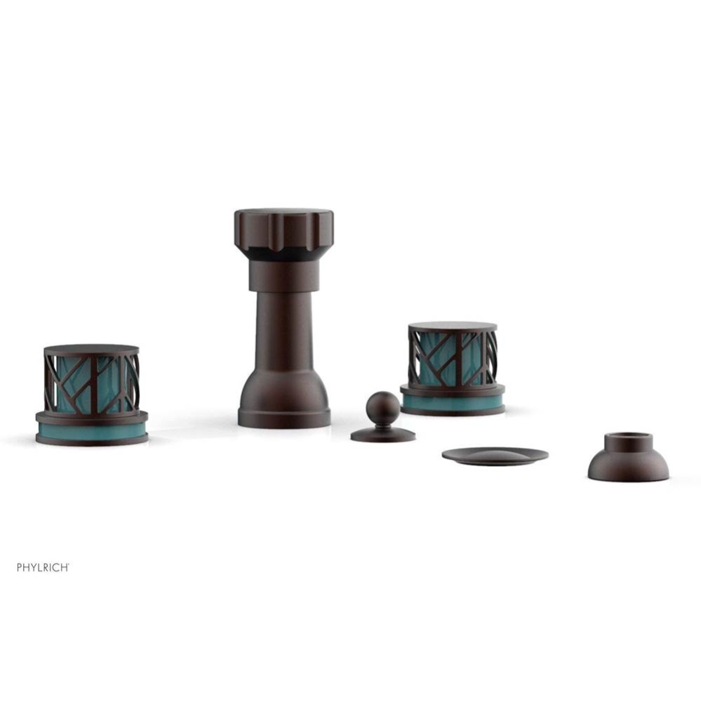 Weathered Copper Jolie Four Hole Bidet Set With Spout, Round Cutaway Handles, And Turquoise Accent