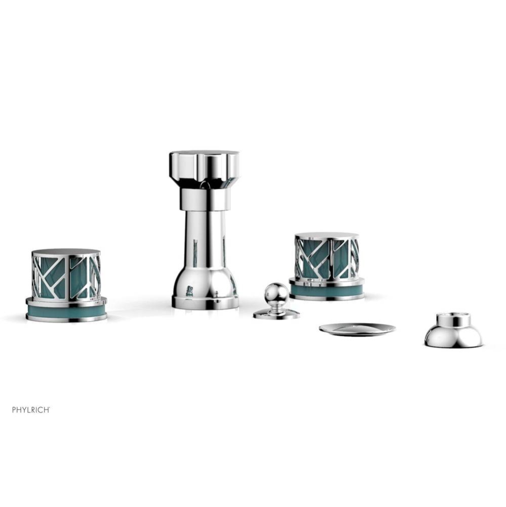 Polished Chrome Jolie Four Hole Bidet Set With Spout, Round Cutaway Handles, And Turquoise Accents