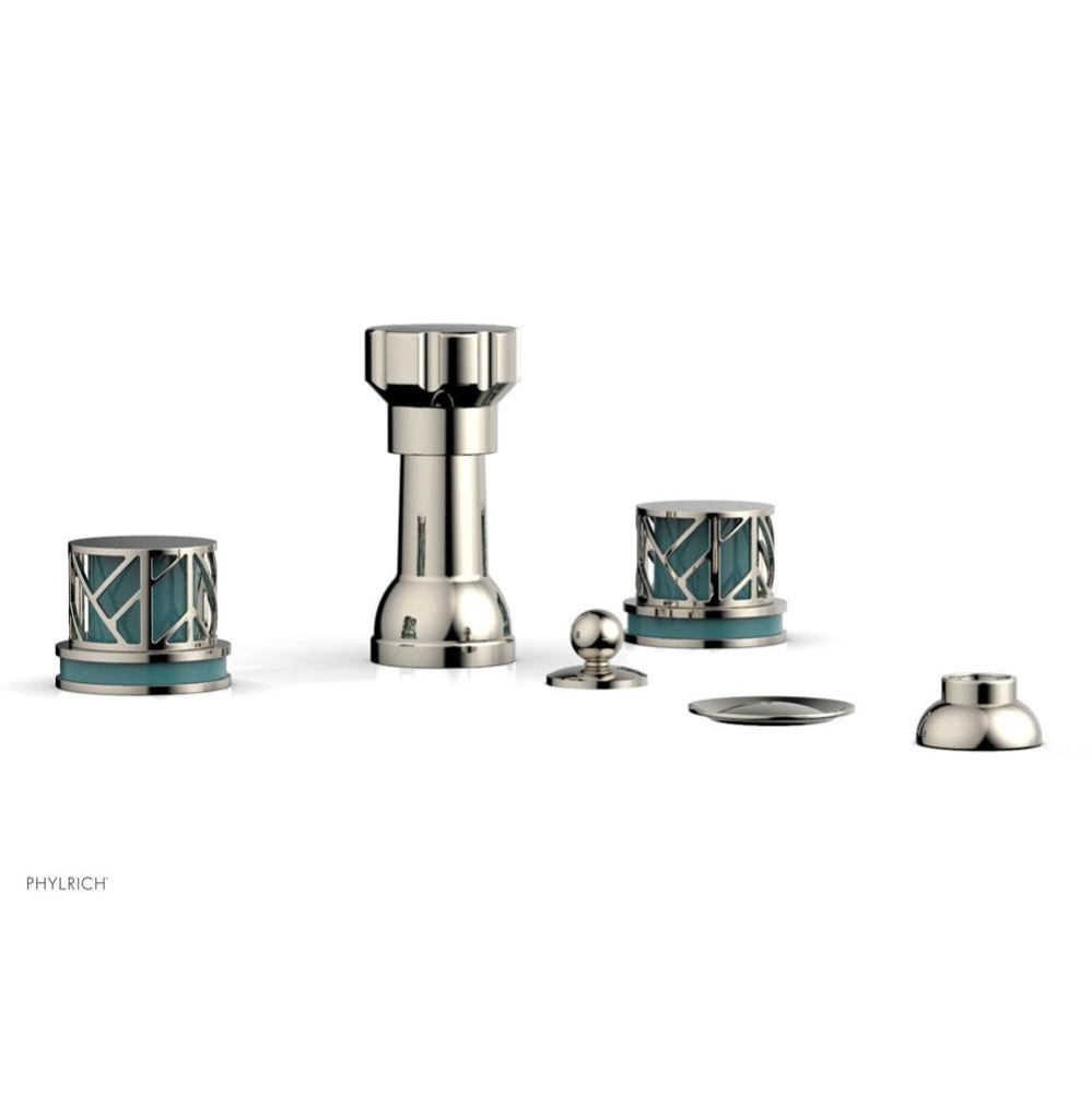 Polished Nickel Jolie Four Hole Bidet Set With Spout, Round Cutaway Handles, And Turquoise Accents
