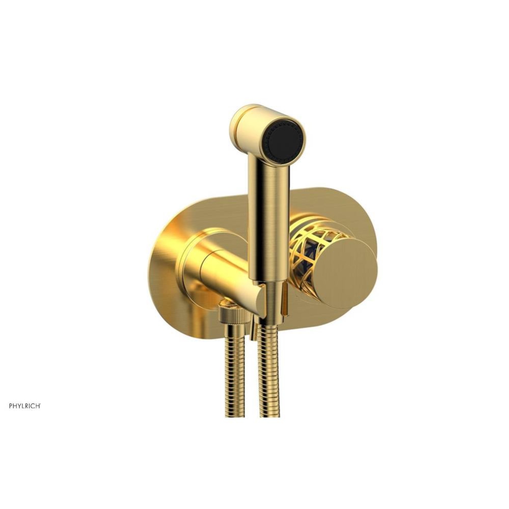 Satin Gold Jolie Wall Mounted Bidet Set With Oval Trim, Round Cutaway Handle, And Navy Blue Accent