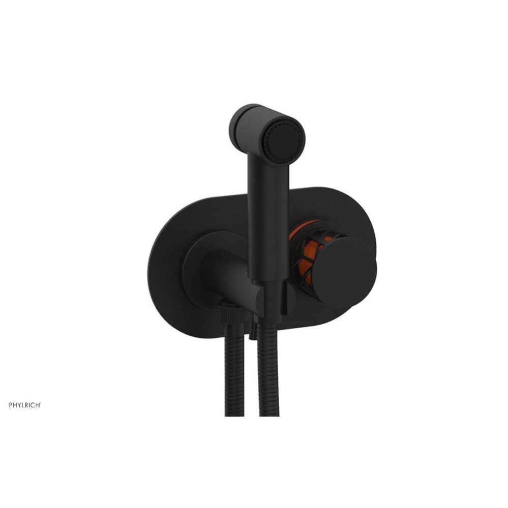 Matte Black Jolie Wall Mounted Bidet Set With Oval Trim, Round Cutaway Handle, And Orange Accents