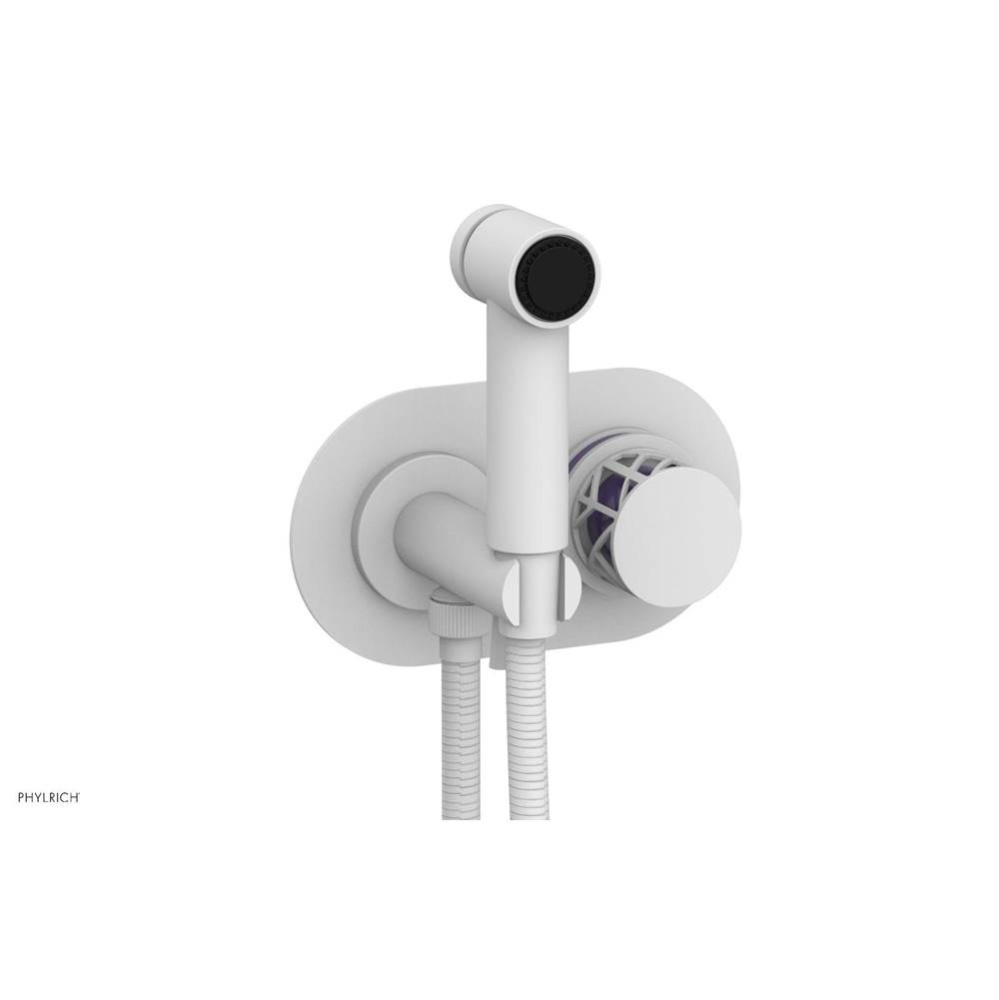 Satin White Jolie Wall Mounted Bidet Set With Oval Trim, Round Cutaway Handle, And Purple Accents