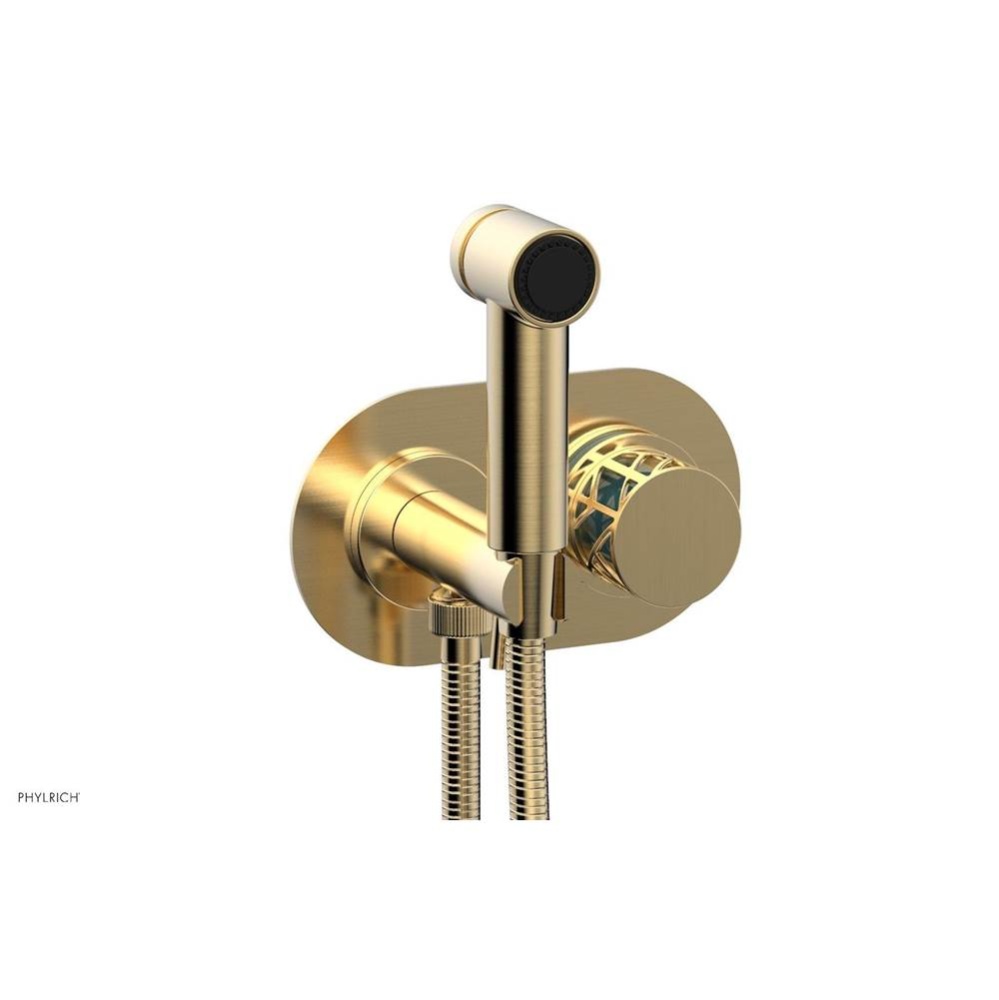 Satin Brass Jolie Wall Mounted Bidet Set With Oval Trim, Round Cutaway Handle, And Turquoise Accen