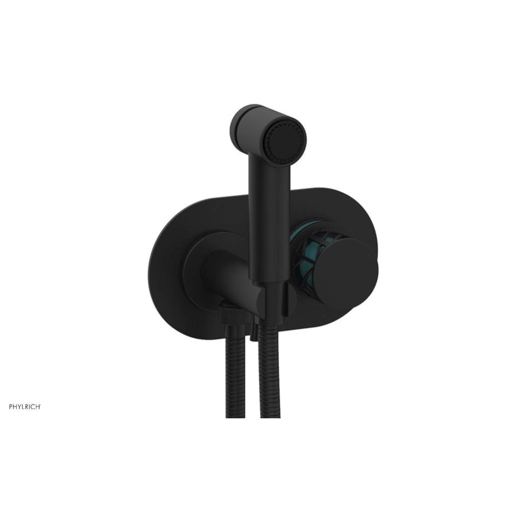 Matte Black Jolie Wall Mounted Bidet Set With Oval Trim, Round Cutaway Handle, And Turquoise Accen