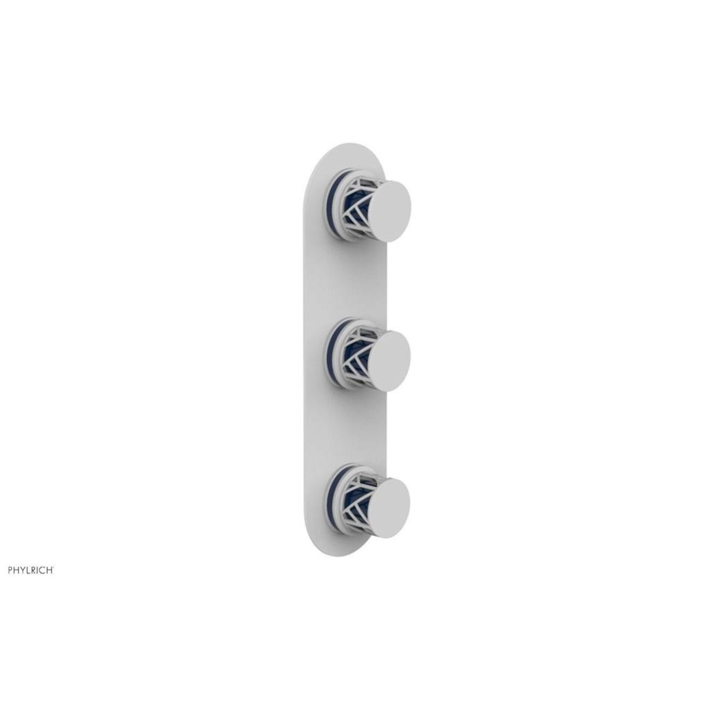 Satin White Jolie Oval Thermostatic Trim With Two Volume Controls, Round Cutaway Handles, And Navy