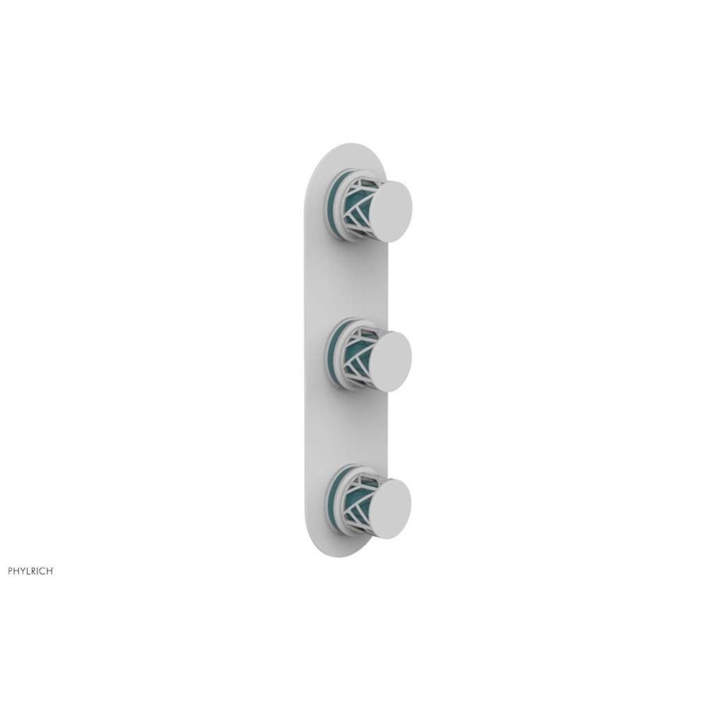 Satin White Jolie Oval Thermostatic Trim With Two Volume Controls, Round Cutaway Handles, And Turq