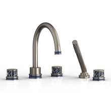 Phylrich 222-48/15AX044 - Pewter Jolie 5-Hole Deck Tub Filler With Gooseneck Spout, Round Cutaway Handles, And Navy Blue Acc