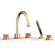 Phylrich 222-48/003X042 - Polished Brass Jolie 5-Hole Deck Tub Filler With Gooseneck Spout, Round Cutaway Handles, And Orang