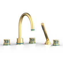 Phylrich 222-48-24BX049 - Burnished Gold Jolie 5-Hole Deck Tub Filler With Gooseneck Spout, Round Cutaway Handles, And Turqu