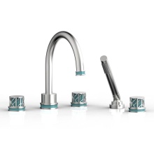 Phylrich 222-48/26DX049 - Satin Chrome Jolie 5-Hole Deck Tub Filler With Gooseneck Spout, Round Cutaway Handles, And Turquoi