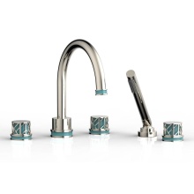 Phylrich 222-48/014X049 - Polished Nickel Jolie 5-Hole Deck Tub Filler With Gooseneck Spout, Round Cutaway Handles, And Turq