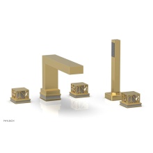 Phylrich 222-49/024X048 - Satin Gold Jolie 5-Hole Deck Tub Filler With Rectangular Spout, Square Cutaway Handles, And Grey A