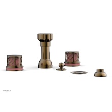 Phylrich 222-60-047X045 - Antique Brass Jolie Four Hole Bidet Set With Spout, Round Cutaway Handles, And Pink Accents