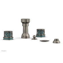 Phylrich 222-60/15AX049 - Pewter Jolie Four Hole Bidet Set With Spout, Round Cutaway Handles, And Turquoise Accents