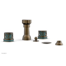 Phylrich 222-60-OEBX049 - Old English Brass Jolie Four Hole Bidet Set With Spout, Round Cutaway Handles, And Turquoise Accen