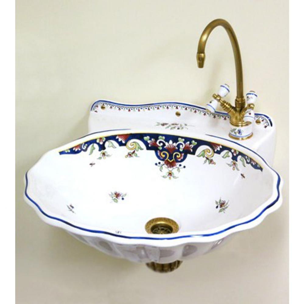 ''Coquille'' Earthenware Hand Basin in Moustier Polychrome, Single Hole on Rig