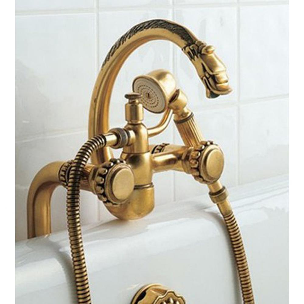 ''Pompadour'' Deck Mounted Tub Filler with Hand Shower in Weathered Brass