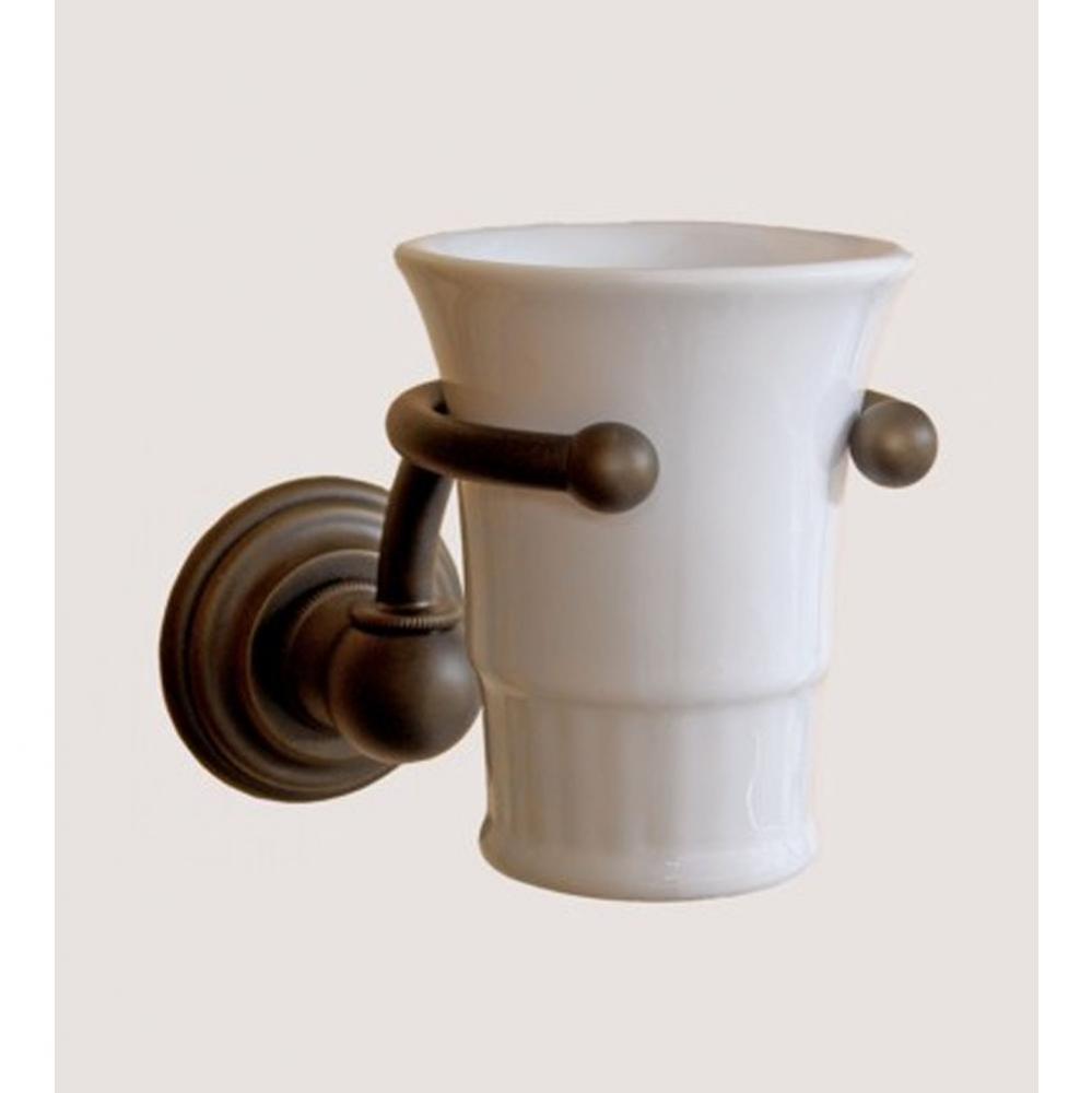 ''Royale'' White China Tumbler and Metal Holder in Weathered Brass