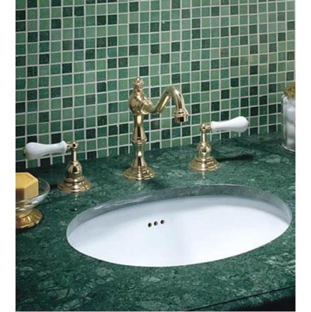 ''Royale'' Widespread Lavatory Set with White Ceramic Handles in Polished Bras