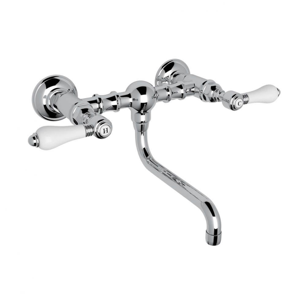 Rohl Italian Bath Acqui Wall Mounted Bridge Lavatory Faucet In Unlacquered Brass With Porcelain Le