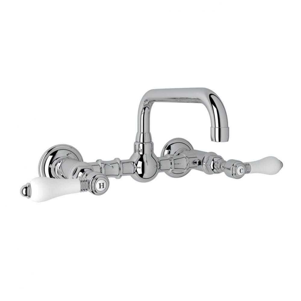 Rohl Italian Bath Acqui Wall Mounted Bridge Lavatory Faucet In Unlacquered Brass With Porcelain Le