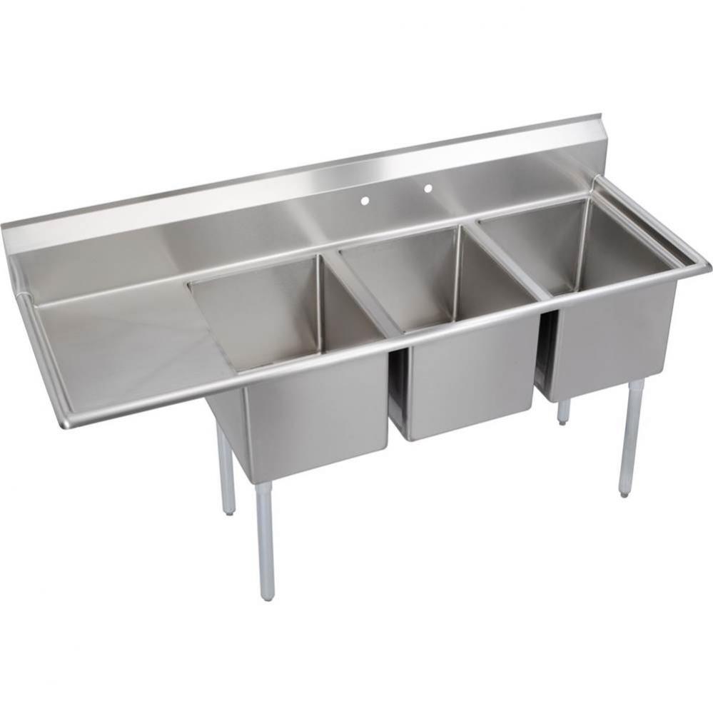 3 Compartment Sink, 73X26 OA, 16X20 Bowl, 14 Deep, Left 18'' DB, SS Legs, 16 GA 300 Seri