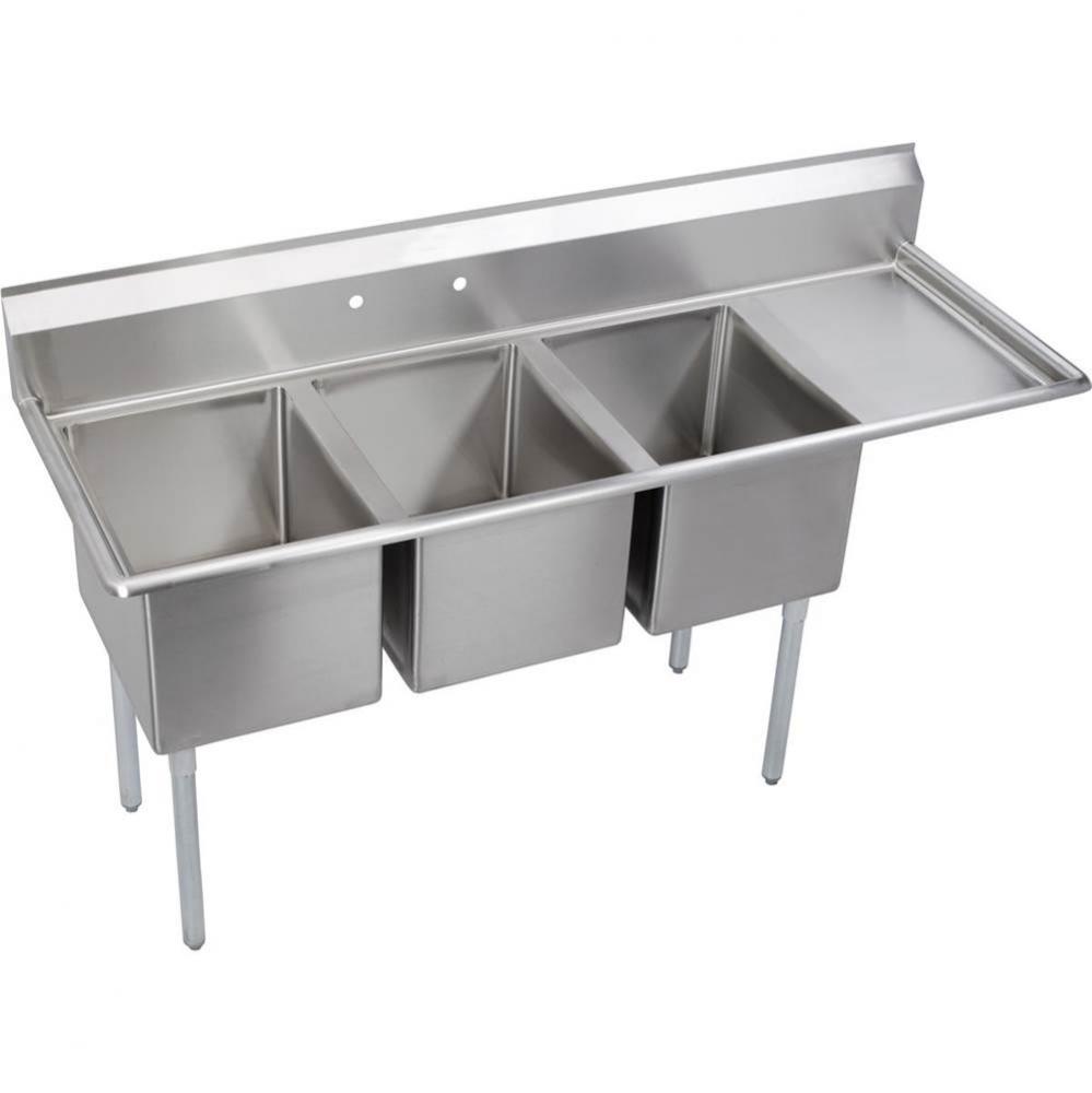 3 Compartment Sink, 73X26 OA, 16X20 Bowl, 14 Deep, Right 18'' DBs, SS Legs, 16 GA 300 Se