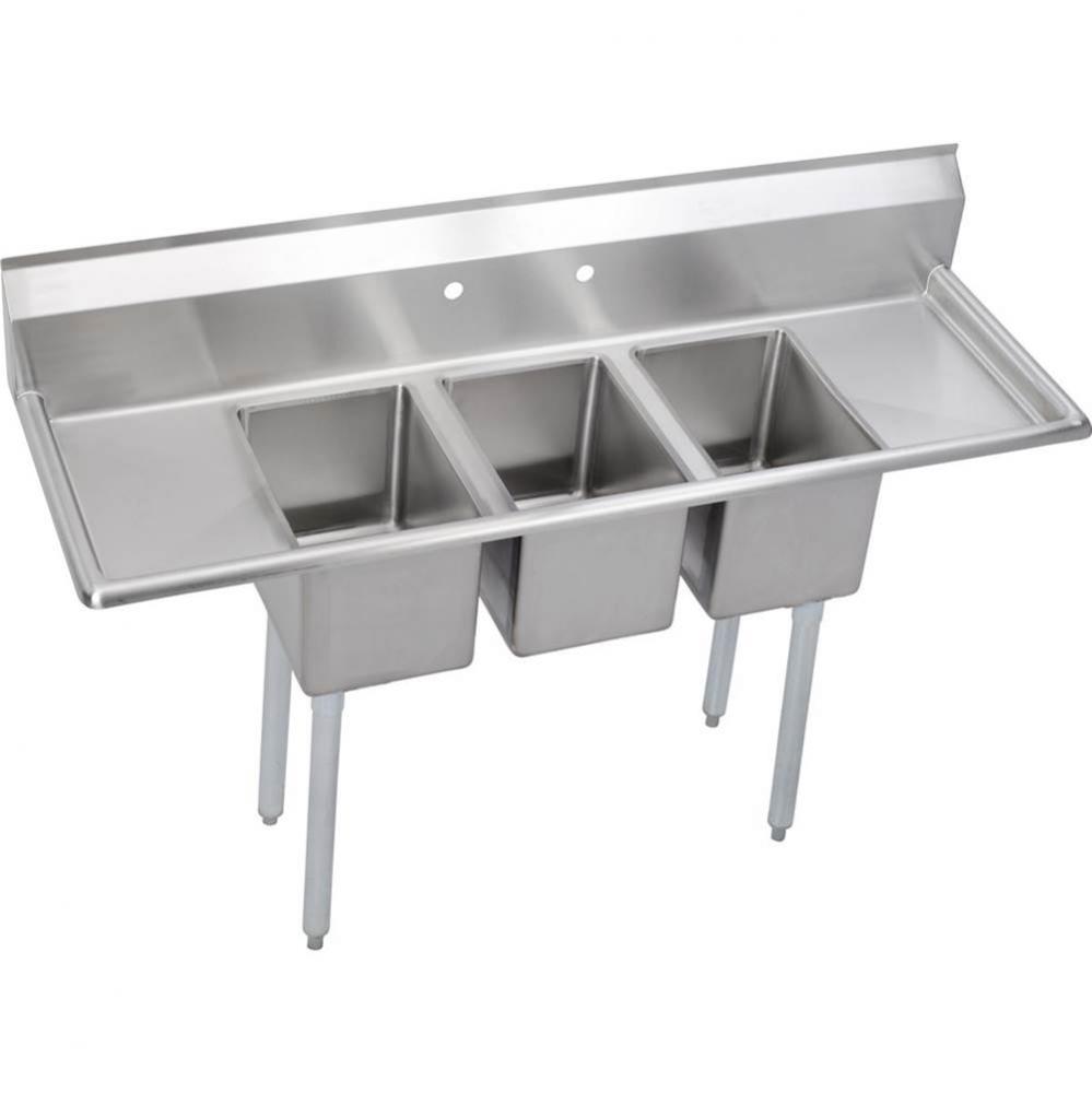 3 Compartment Sink, 72X22 OA, 12X16 Bowl, 10 Deep, L & R 16 DBs, SS Legs, 16 GA 300 Series SS,
