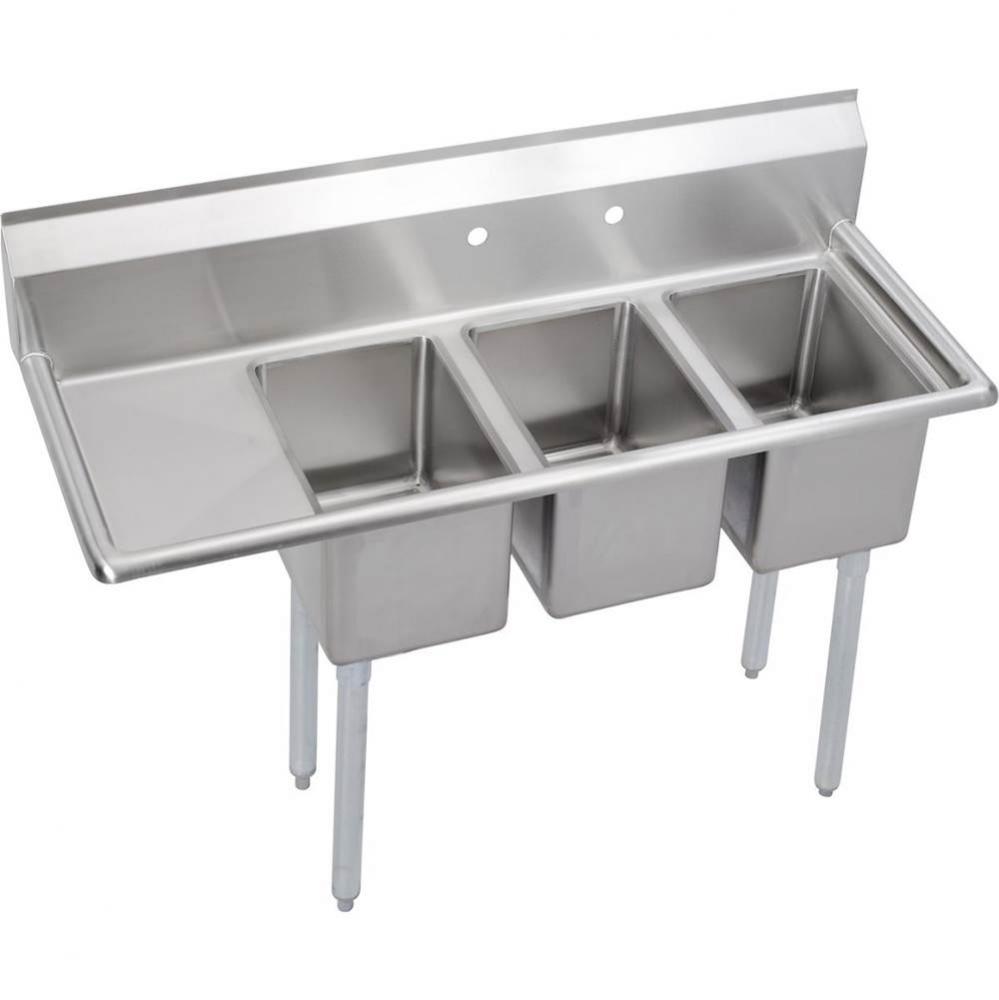 3 Compartment Sink, 49X20 OA, 10X14 Bowl, 10 Deep, Left 12 DBs, SS Legs, 16 GA 300 Series SS, NSF