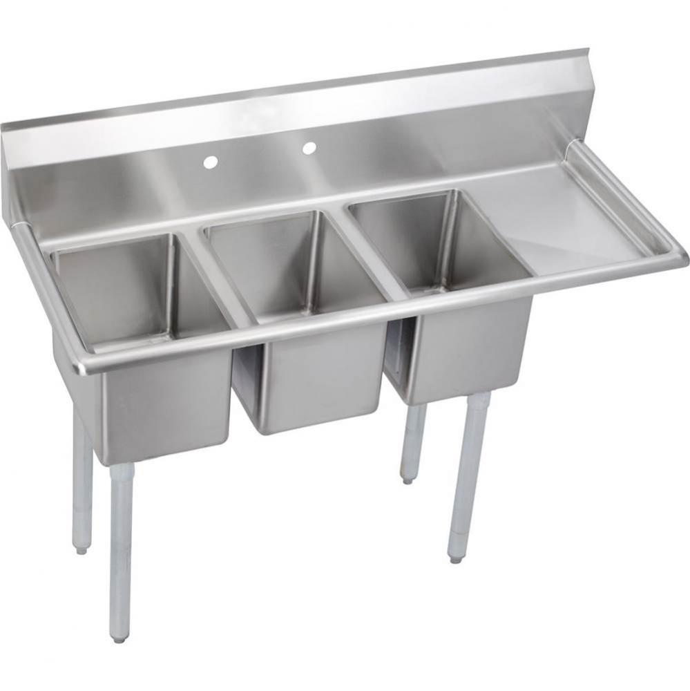 3 Compartment Sink, 49X20 OA, 10X14 Bowl, 10 Deep, Right 12 DBs, SS Legs, 16 GA 300 Series SS, NSF