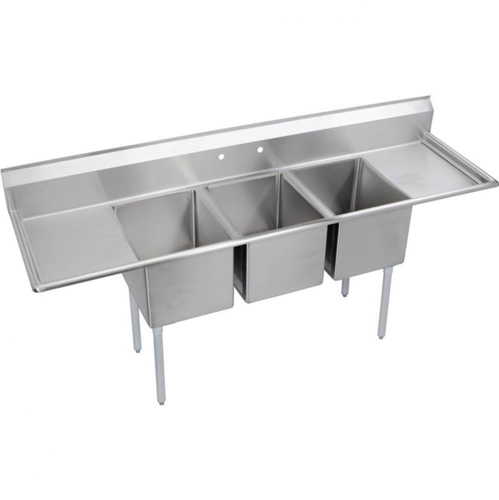 3 Compartment Sink, 94X30 OA, 18X24 Bowl, 12 Deep, L & R 18'' DBs, SS Legs, 16 GA 30