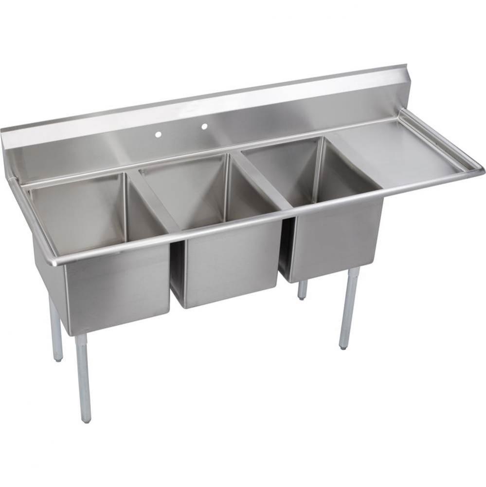 3 Compartment Sink, 73X26 OA, 16X20 Bowl, 12 Deep, Right 18'' DBs, SS Legs, 18 GA 300 Se