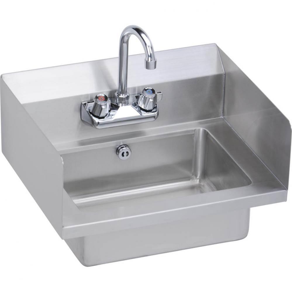 Hand Sink, 18X15 OA, 14X10X5 Bowl, Side Splashes, Lever Waste, Overflow, P-Trap, Faucet, 18 GA 300