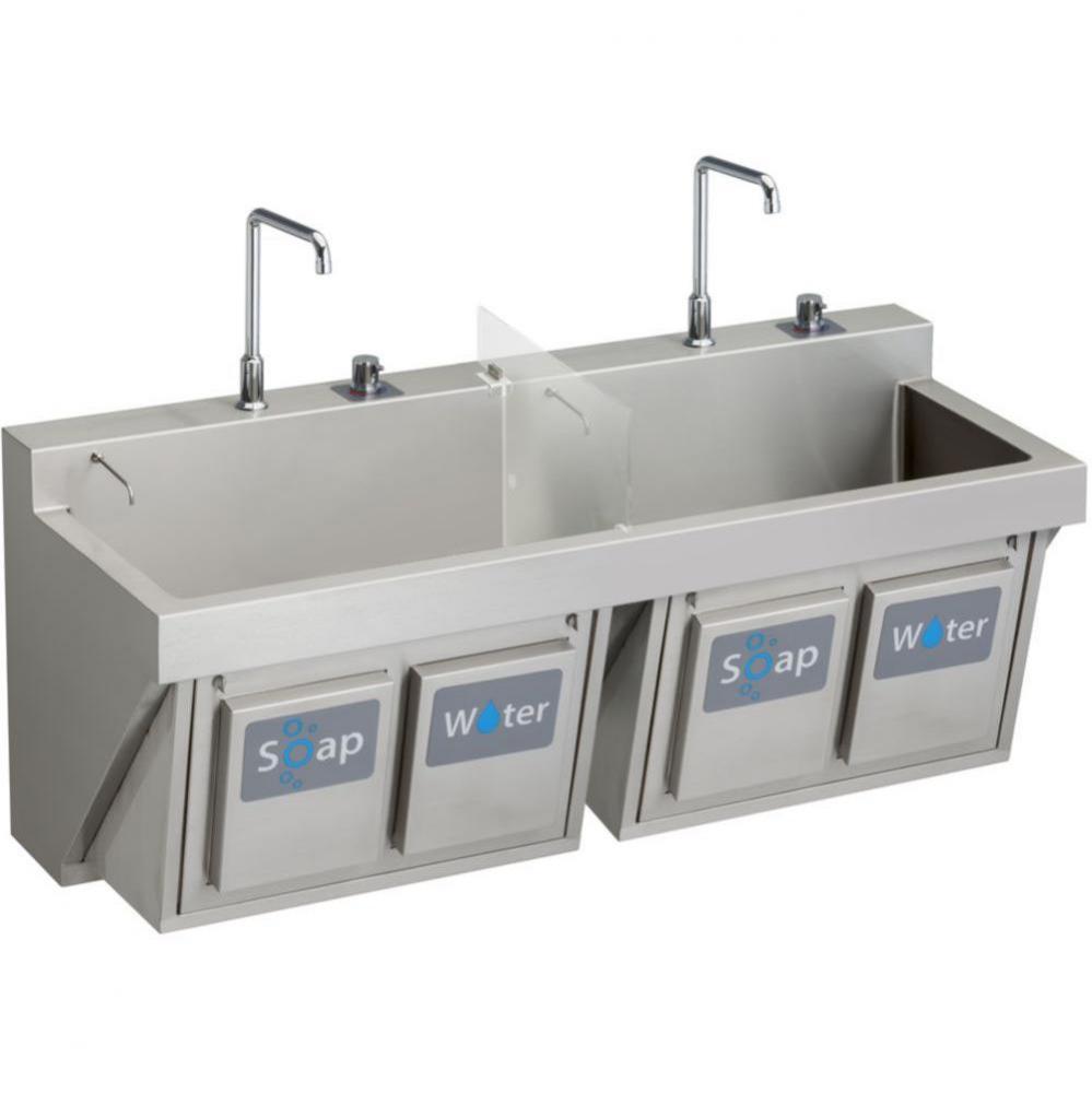 MANUAL DOUBLE STATION SCRUB SINK W/ KNEE ACTIVATED SOAP/WATER