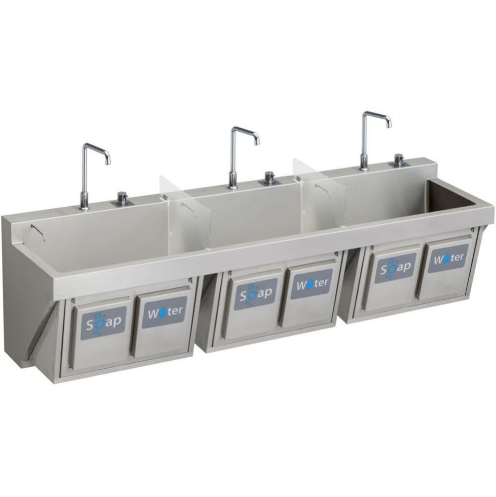 MANUAL TRIPLE STATION SCRUB SINK W/ KNEE ACTIVATED SOAP/WATER