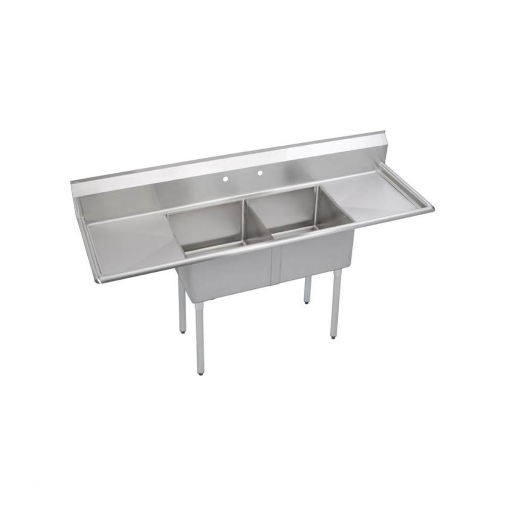 2 Compartment Sink, 74X24 OA, 18X18 Bowl, 12 Deep, L & R 18'' DBs, SS Legs, 16 GA 30