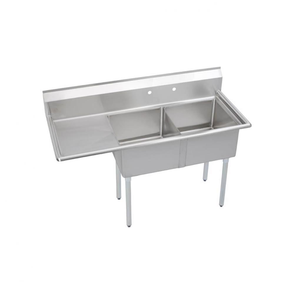 2 Compartment Sink, 59X24 OA, 18X18 Bowl, 12 Deep, Left 18'' DB, SS Legs, 16 GA 300 Seri