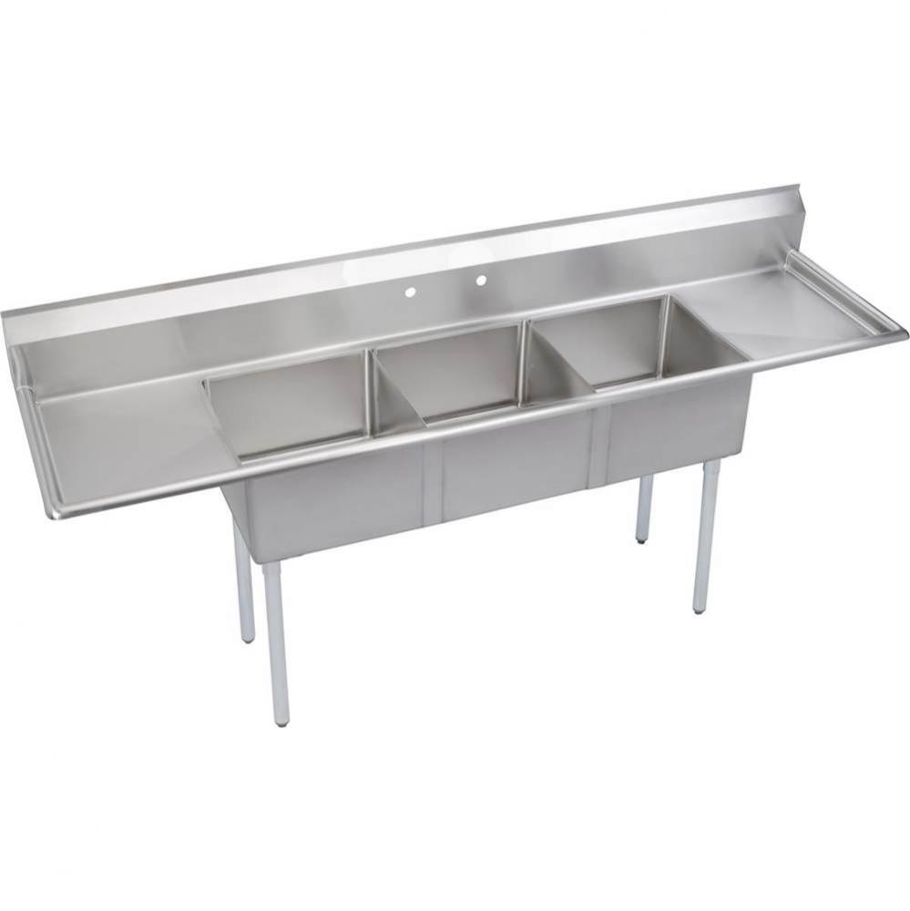 3 Compartment Sink, 90X24 OA, 18X18 Bowl, 11 Deep, L & R 18'' DBs, SS Legs, 18 GA 30