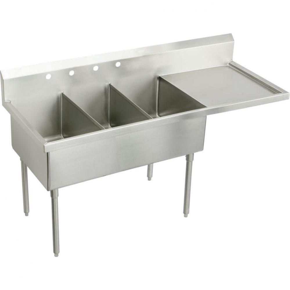 Stainless Steel 85 ½” x 27 ½” x 14” Floor Mount Triple Compartment Scullery W/ Dra