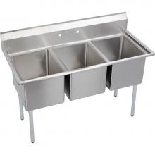 Elkay 14-3C16X20-0X - 3 Compartment Sink, 57X26 OA, 16X20 Bowl, 14 Deep, No DBs, SS Legs, 16 GA 300 Series SS, NSF