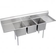 Elkay 14-3C18X24-2-18X - 3 Compartment Sink, 94X30 OA, 18X24 Bowl, 14 Deep, L & R 18'' DBs, SS Legs, 16 GA 30