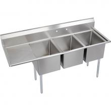 Elkay 14-3C16X20-L-18X - 3 Compartment Sink, 73X26 OA, 16X20 Bowl, 14 Deep, Left 18'' DB, SS Legs, 16 GA 300 Seri