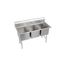 Elkay 14-3C18X24-0X - 3 Compartment Sink, 63X30 OA, 18X24 Bowl, 14 Deep, No DBs, SS Legs, 16 GA 300 Series SS, NSF