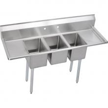Elkay 3C12X16-2-16X - 3 Compartment Sink, 72X22 OA, 12X16 Bowl, 10 Deep, L & R 16 DBs, SS Legs, 16 GA 300 Series SS,