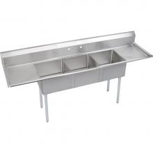 Elkay S3C24X24-2-24X - 3 Compartment Sink, 120X30 OA, 24X24 Bowl, 14 Deep, L & R 24'' DBs, SS Legs, 18 GA 3