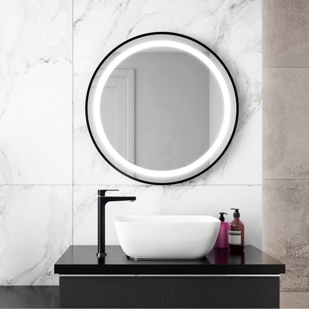 EFFECT LED Illuminated Round Mirror with Frosted Strip, Black Frame and Touch-Switch for Color Tem